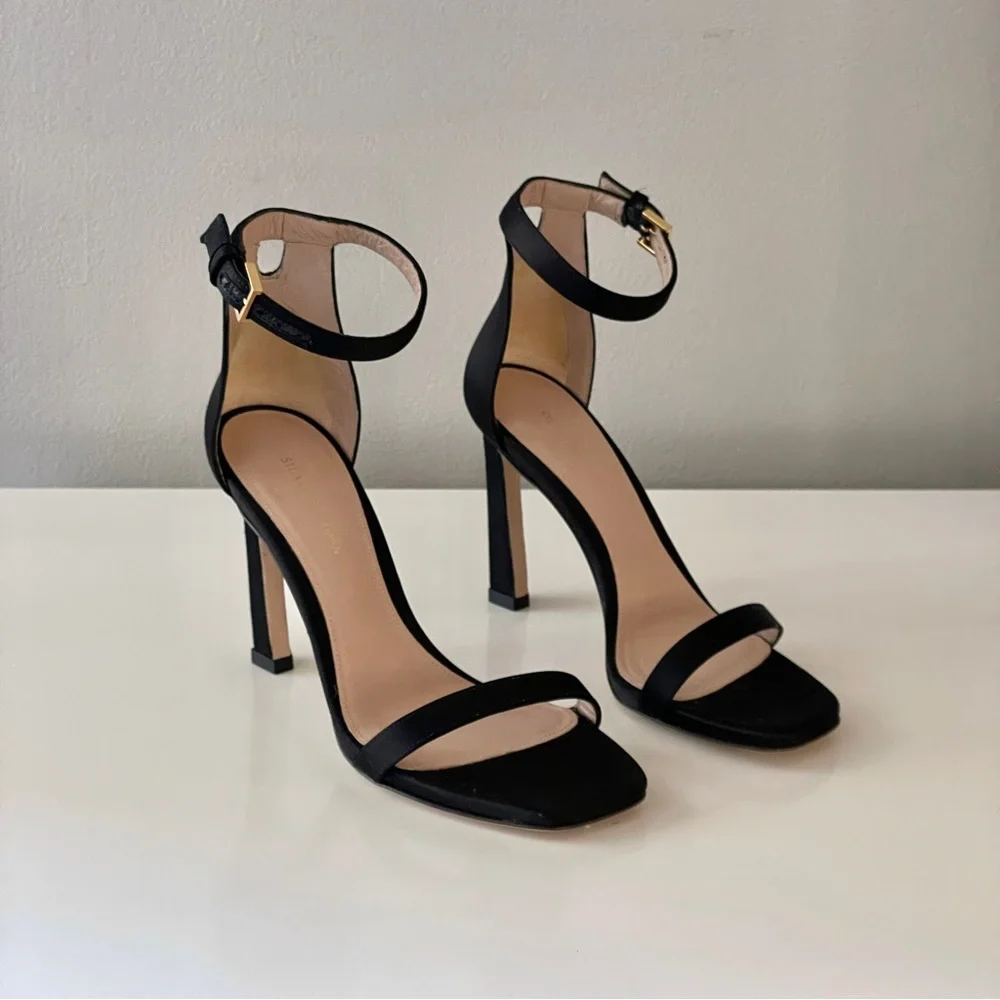 STUART WEITZMAN Black Silk Satin Square Nudist Heel Sandal - Picture 2 of 8